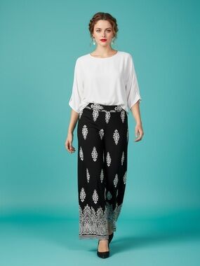 Roz & Ali Black White Wide Leg Elastic Waist Pull On Pants Size L Petite